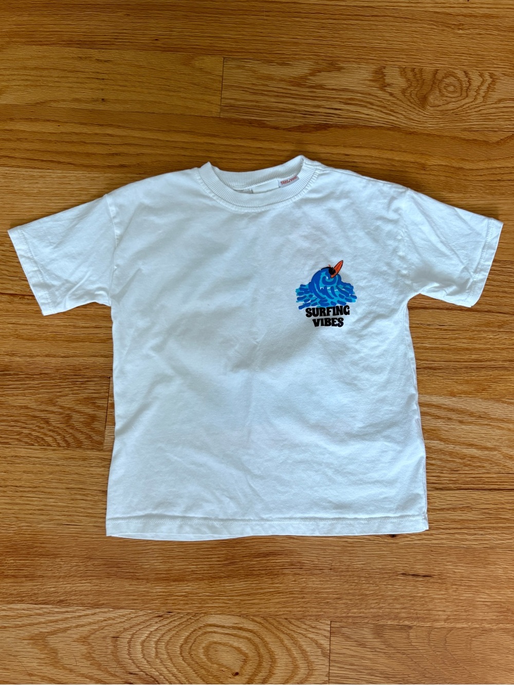Zara White Kids T-Shirt with Blue Wave & Orange Surfboard Graphic